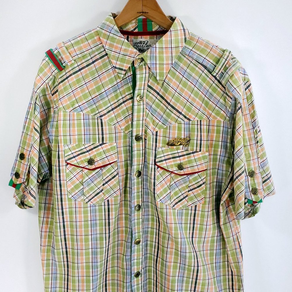 Ruthless Art Shirt Men's 3XL Multicolor Plaid Embroidered Snap Front
